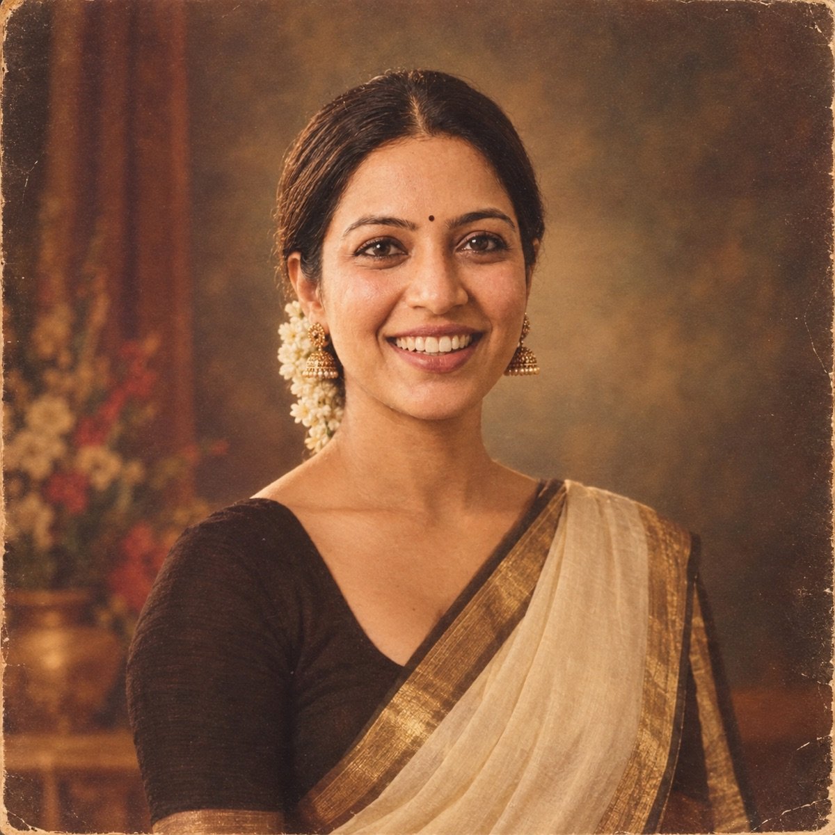 ChatGPT result for prompt 3: a vintage 1970s studio portrait of a woman with jasmine in her hair