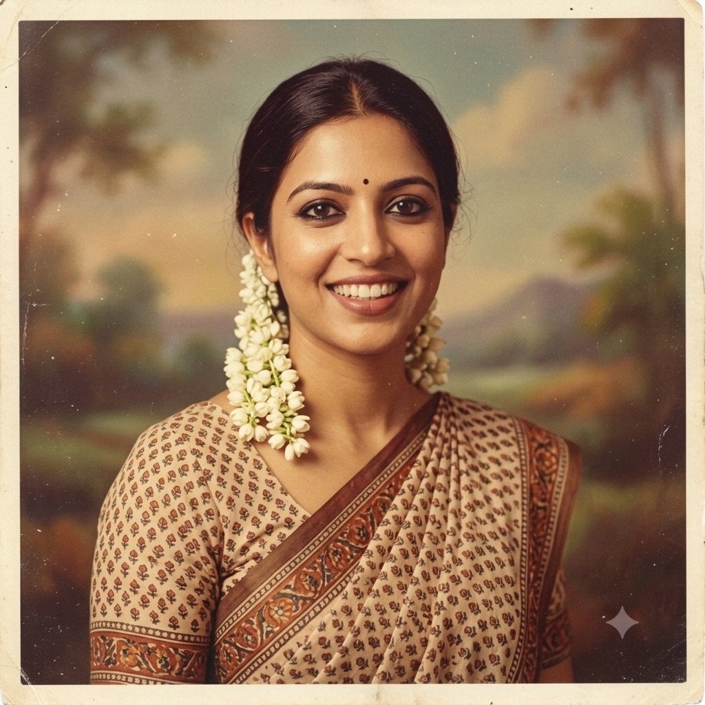 Gemini result for prompt 3: a vintage 1970s studio portrait of a woman with jasmine in her hair