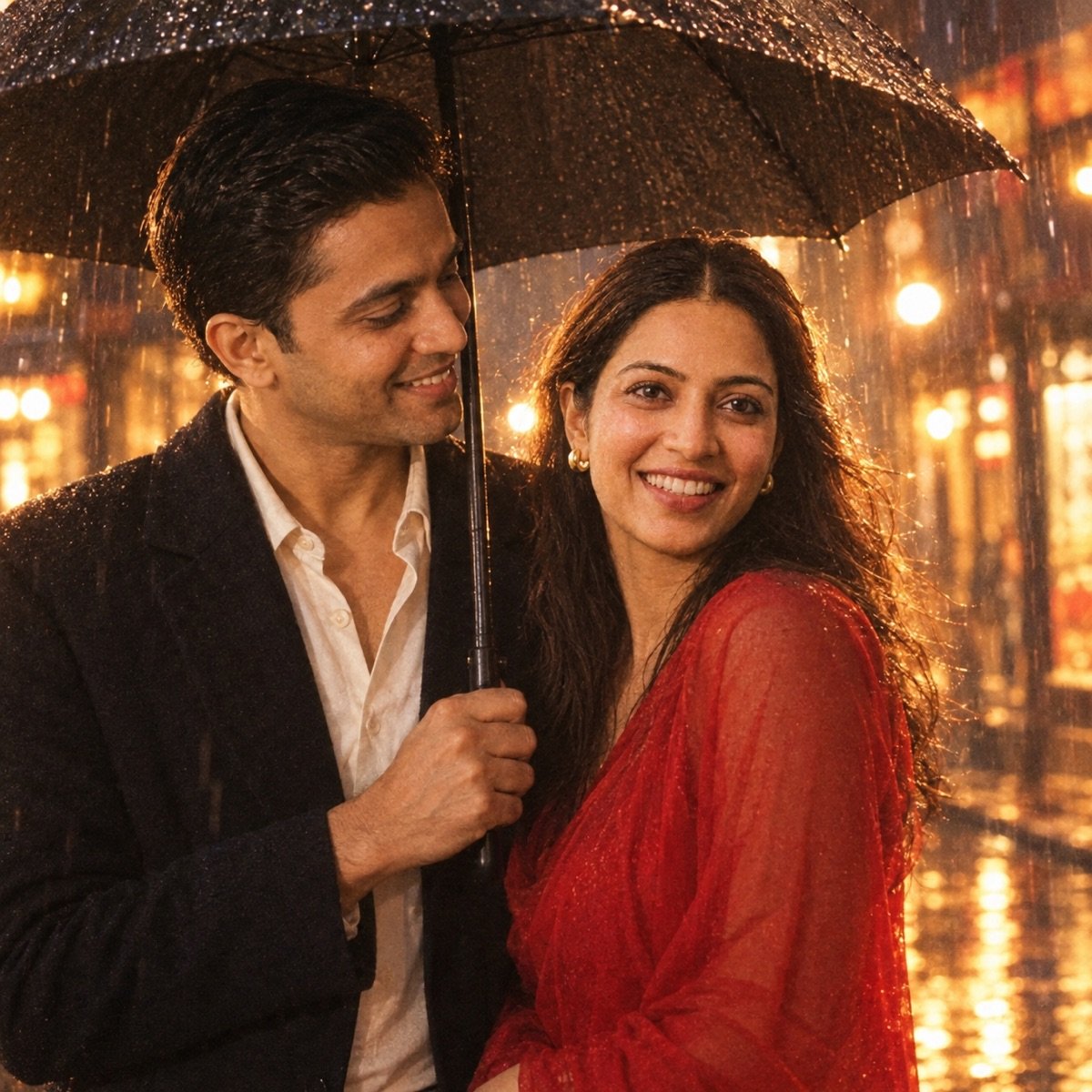 ChatGPT result for prompt 4: a couple sharing an umbrella in the rain