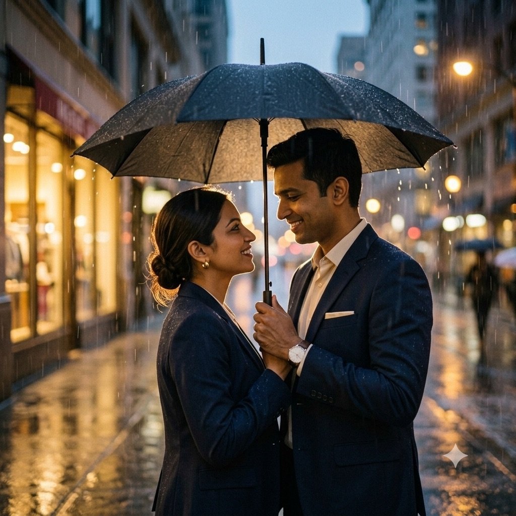 Gemini result for prompt 4: a couple sharing an umbrella in the rain