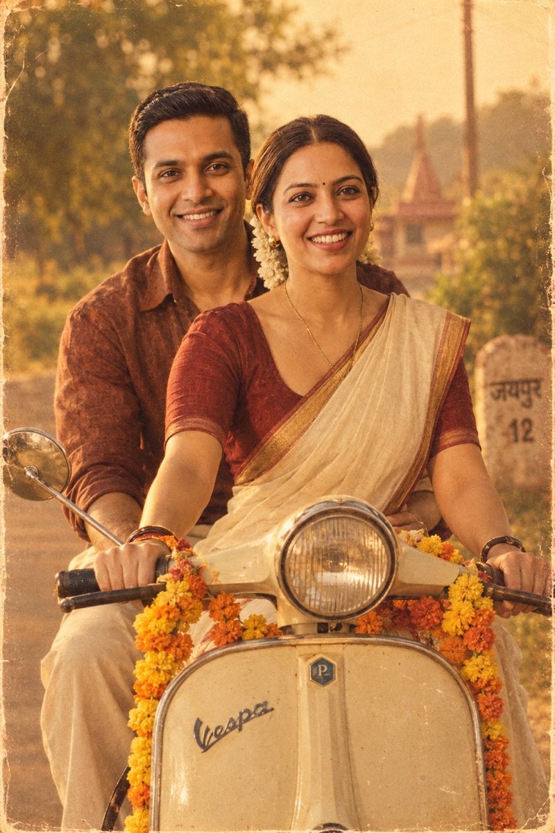 ChatGPT result for prompt 5: a couple on a vintage scooter with marigold garlands