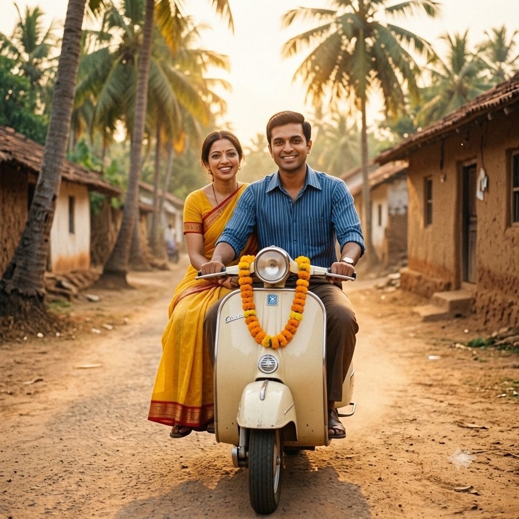 Gemini result for prompt 5: a couple on a vintage scooter with marigold garlands