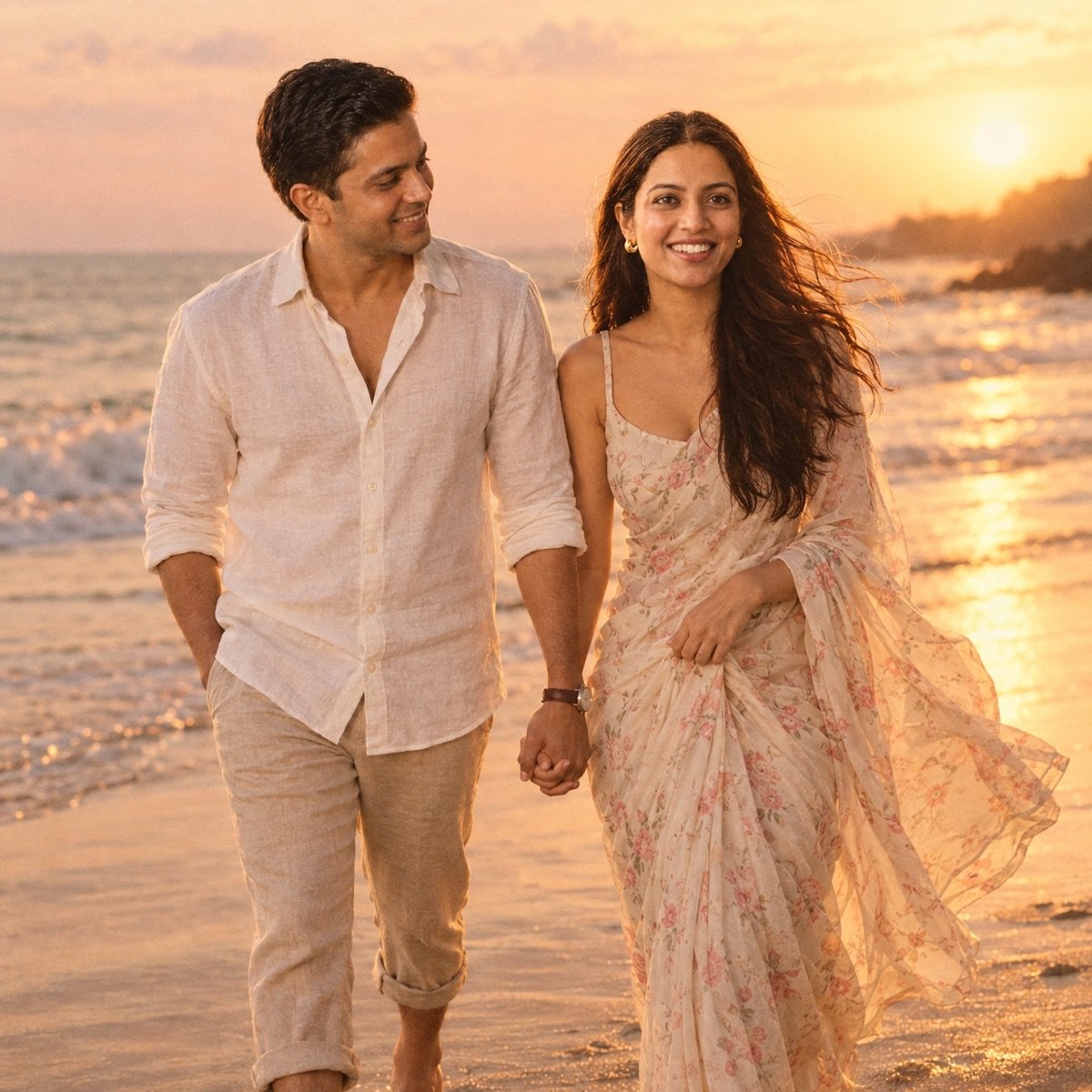 ChatGPT result for prompt 6: a couple walking on a beach at sunset