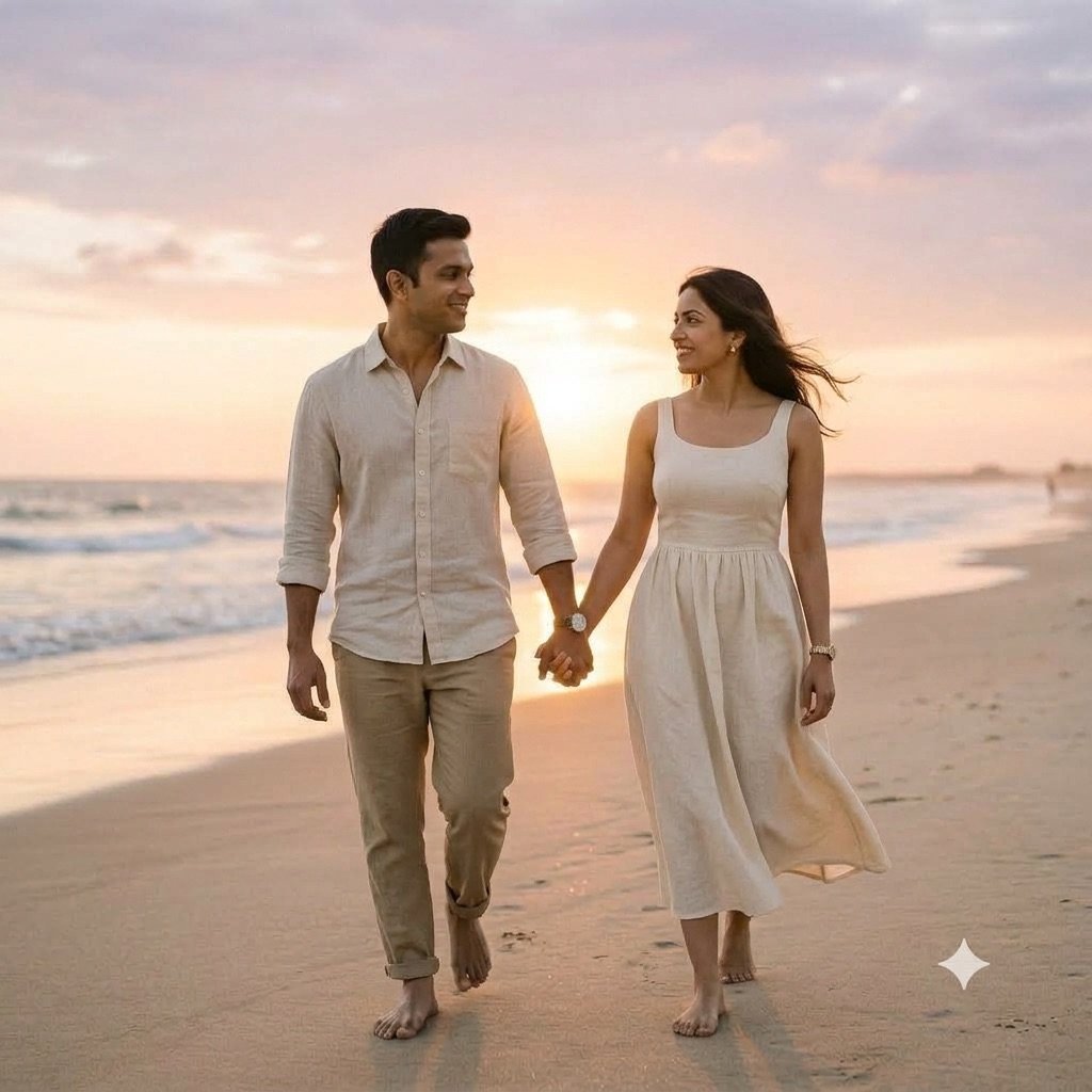 Gemini result for prompt 6: a couple walking on a beach at sunset