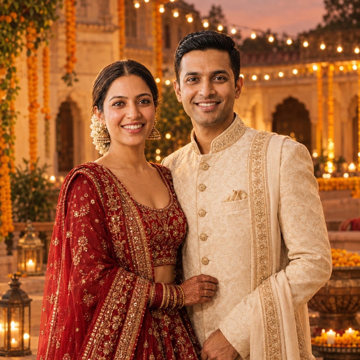ChatGPT result for prompt 7: a couple in a red lehenga and ivory sherwani in a haveli courtyard