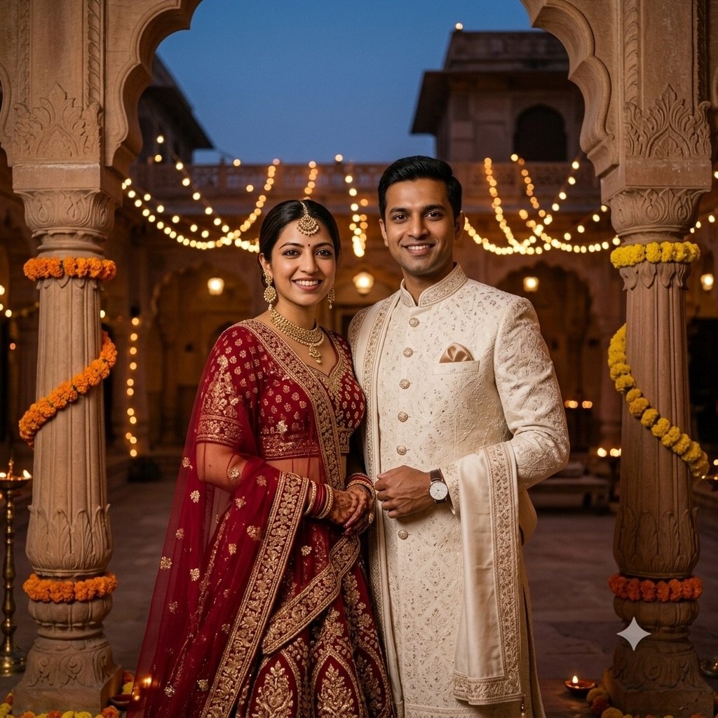 Gemini result for prompt 7: a couple in a red lehenga and ivory sherwani in a haveli courtyard