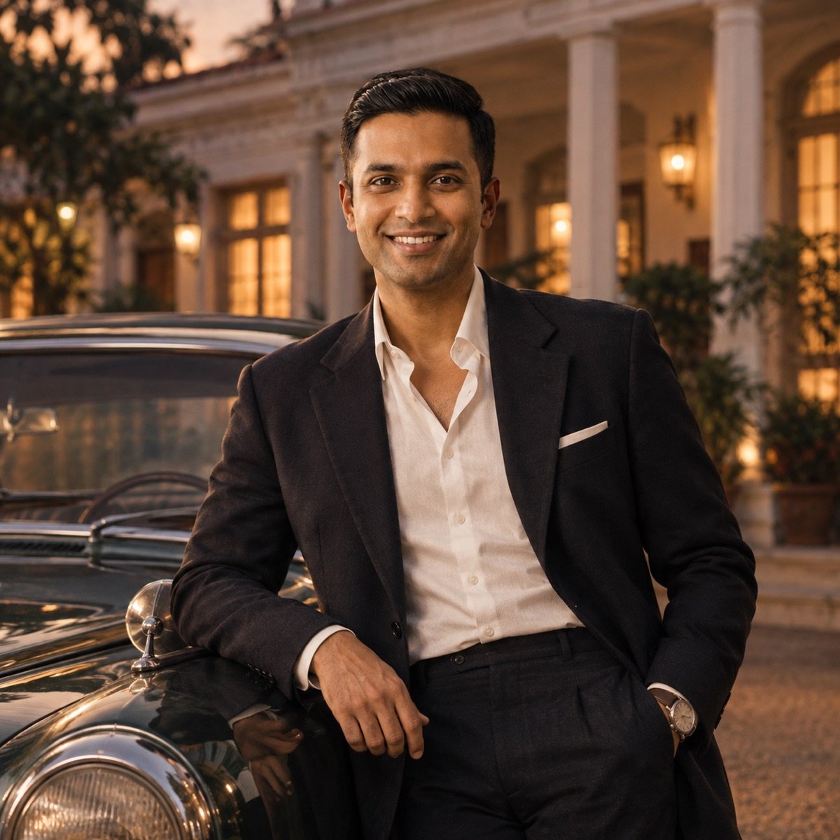 ChatGPT result for prompt 8: a man in a dark suit beside a vintage car at a colonial bungalow