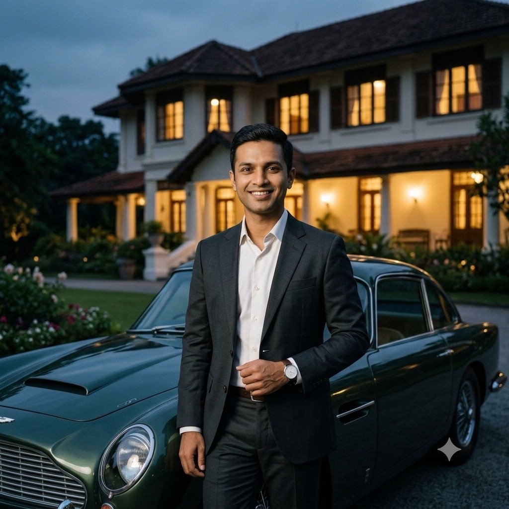 Gemini result for prompt 8: a man in a dark suit beside a vintage car at a colonial bungalow