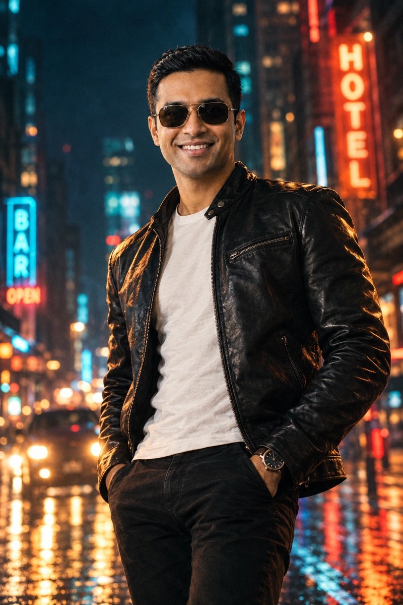 ChatGPT result for prompt 10: a man in a leather jacket and sunglasses on a neon street