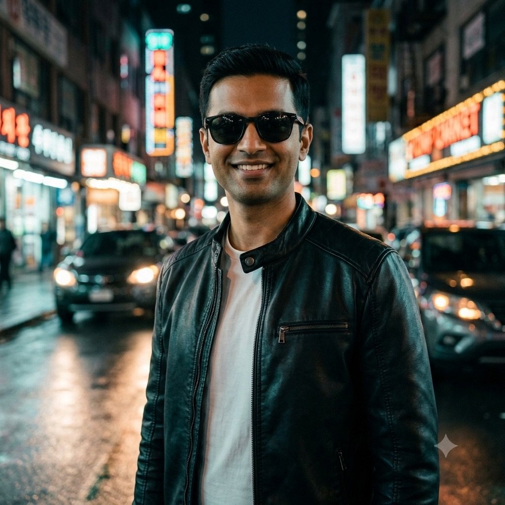 Gemini result for prompt 10: a man in a leather jacket and sunglasses on a neon street