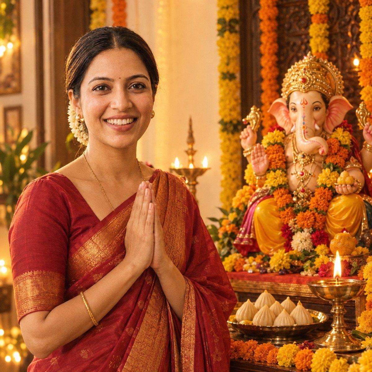 ChatGPT result for prompt 11: a woman praying beside a Ganpati idol
