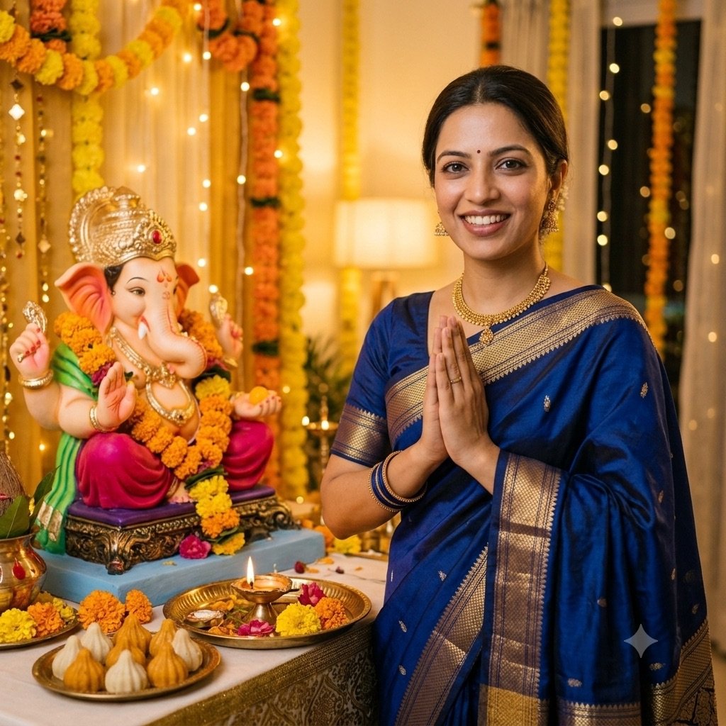 Gemini result for prompt 11: a woman praying beside a Ganpati idol