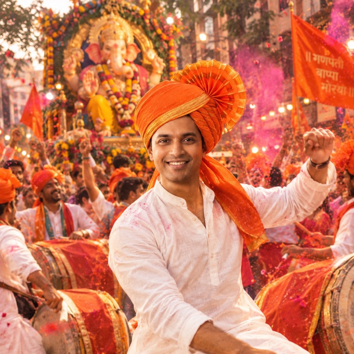 ChatGPT result for prompt 13: a man in a white kurta and saffron pheta dancing in a Ganesh procession with dhol drums