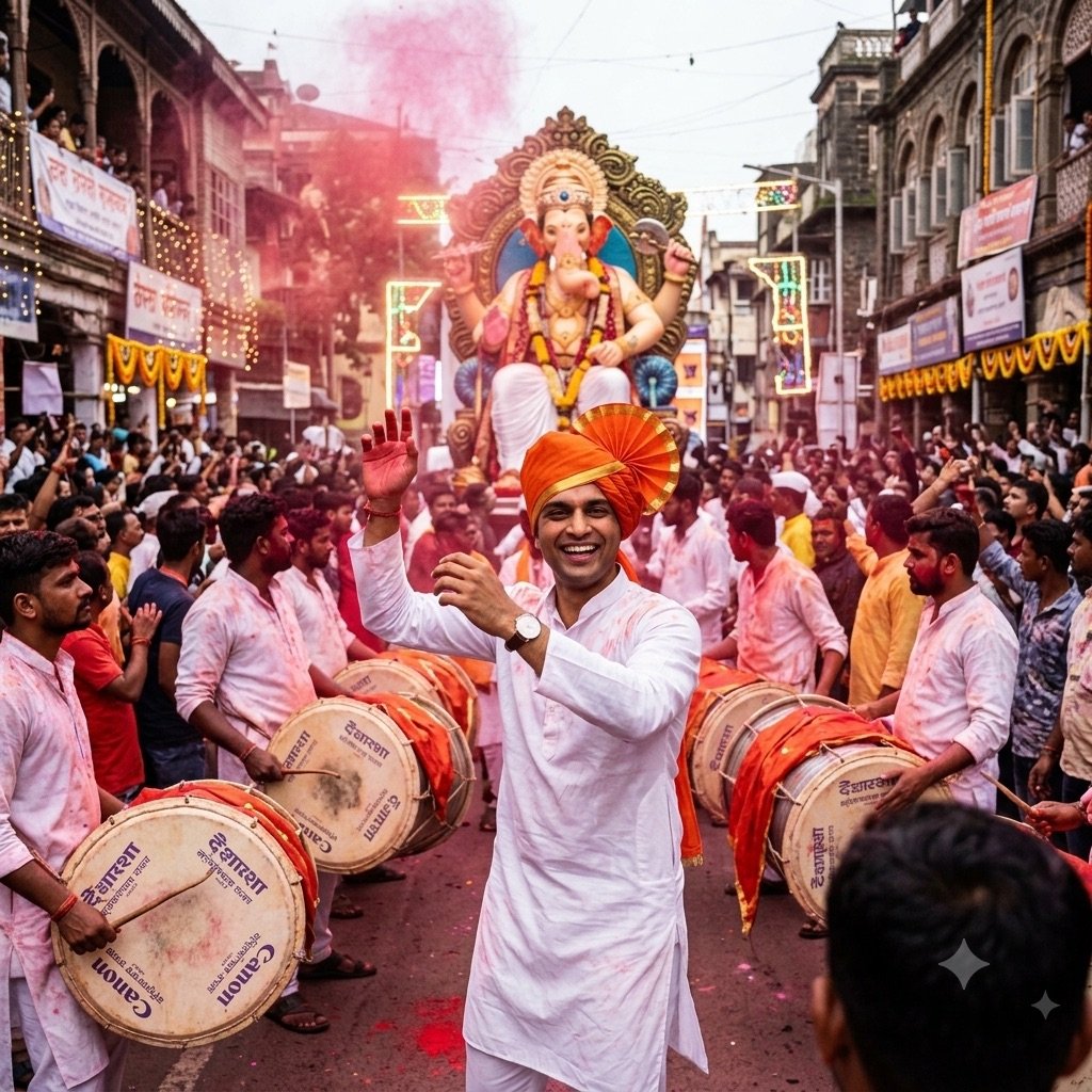 Gemini result for prompt 13: a man in a white kurta and saffron pheta dancing in a Ganesh procession with dhol drums