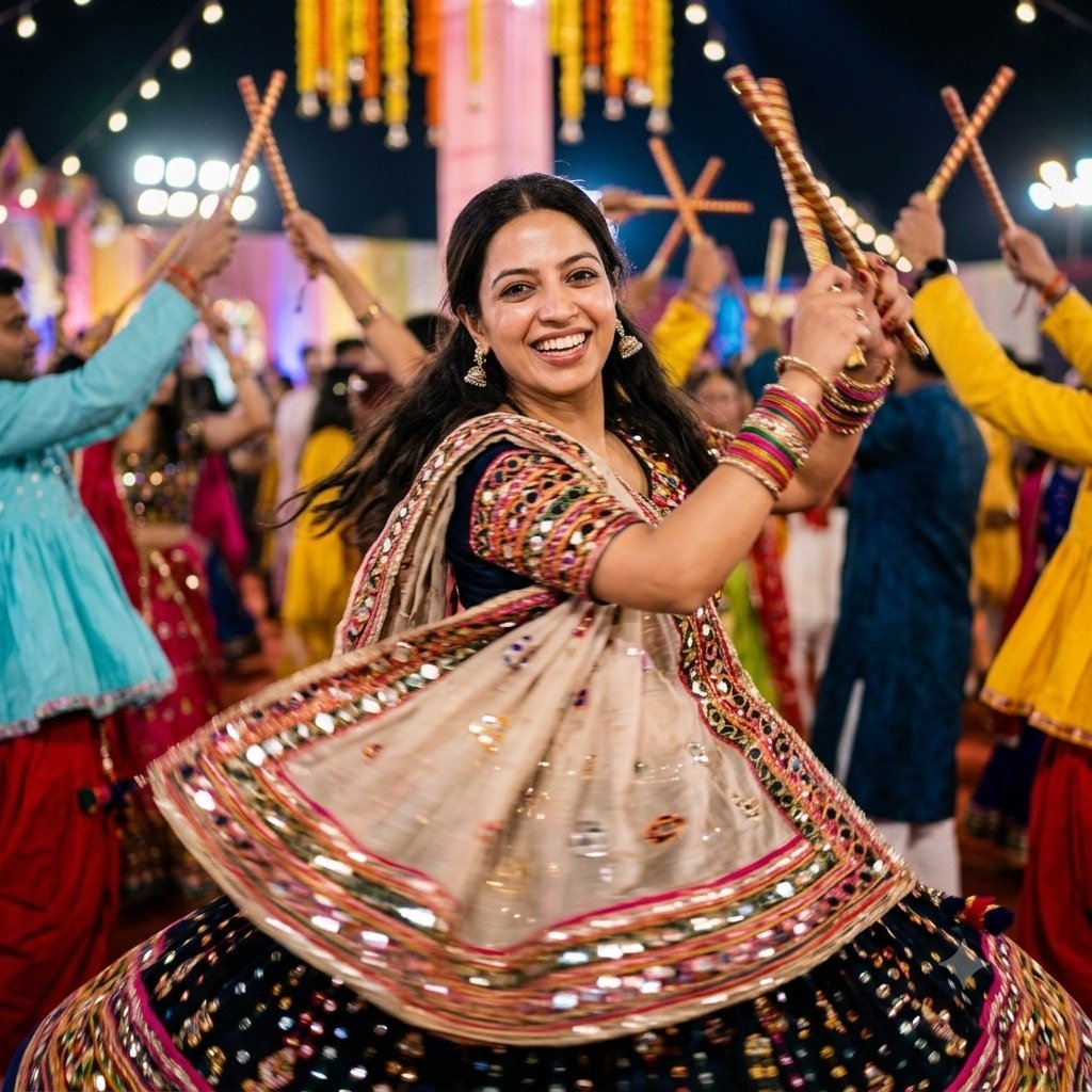 Gemini result for prompt 14: a woman dancing garba