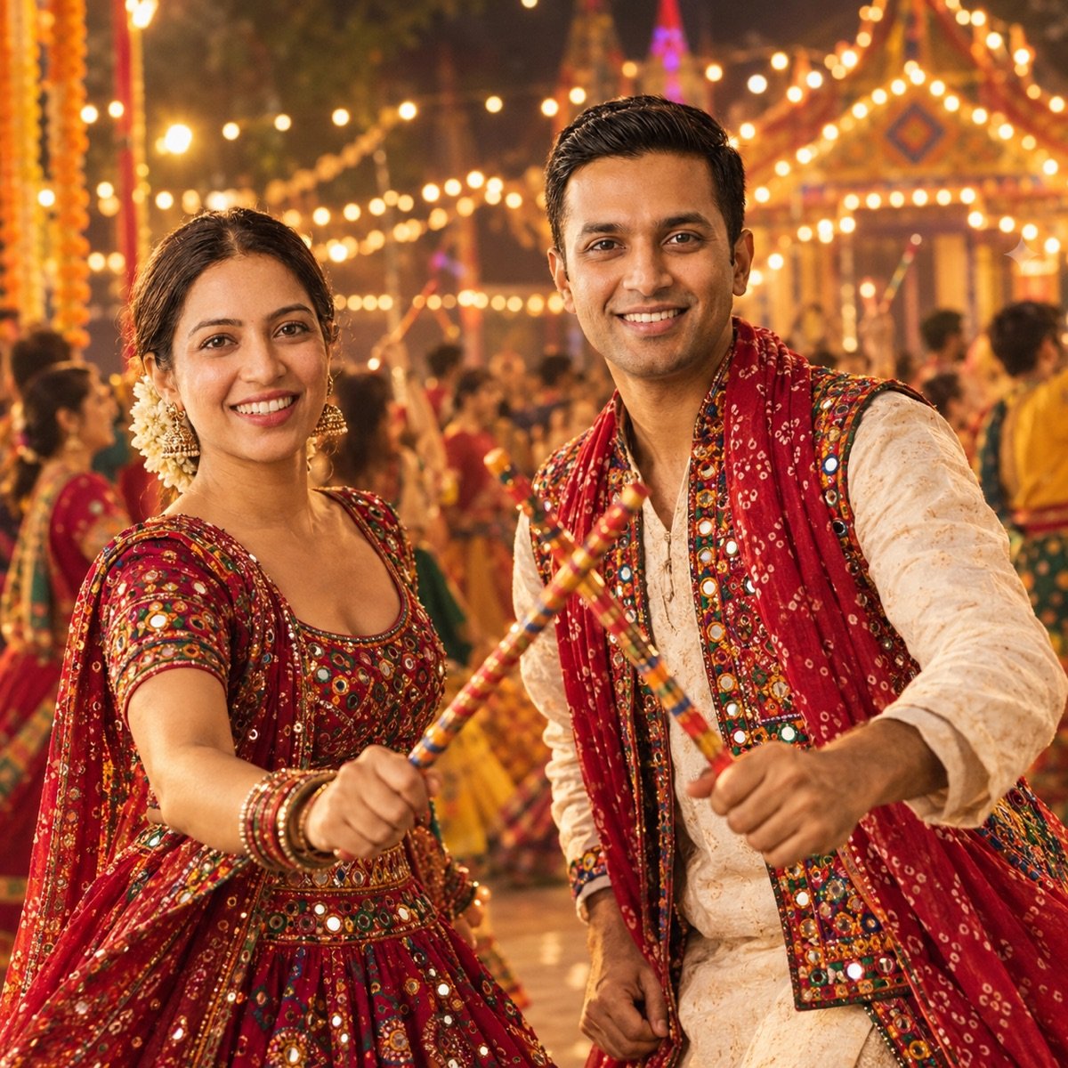 ChatGPT result for prompt 15: a couple playing dandiya at a Navratri night