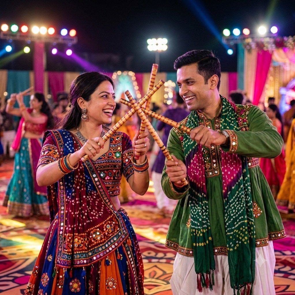 Gemini result for prompt 15: a couple playing dandiya at a Navratri night