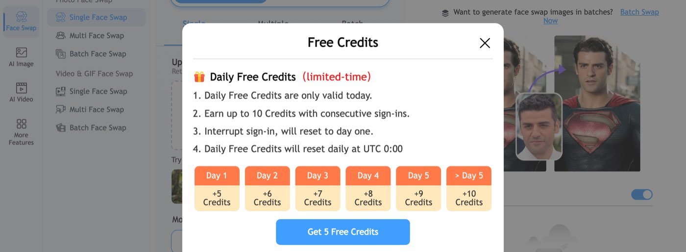 Remaker AI's Free Credits panel on September 27, 2026: Daily Free Credits are only valid today, earn up to 10 credits with consecutive sign-ins, an interrupted streak resets to day one, credits reset daily at UTC 0:00, with a row from Day 1 plus 5 credits to more than Day 5 plus 10 credits
