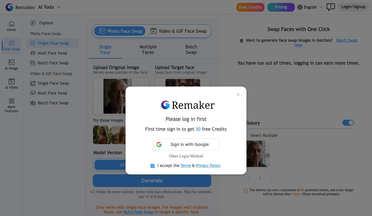 Remaker AI on September 27, 2026 after our third no-account attempt: the message You have run out of times, logging in can earn more times, and a login box reading First time sign in to get 30 free Credits with a Sign in with Google button
