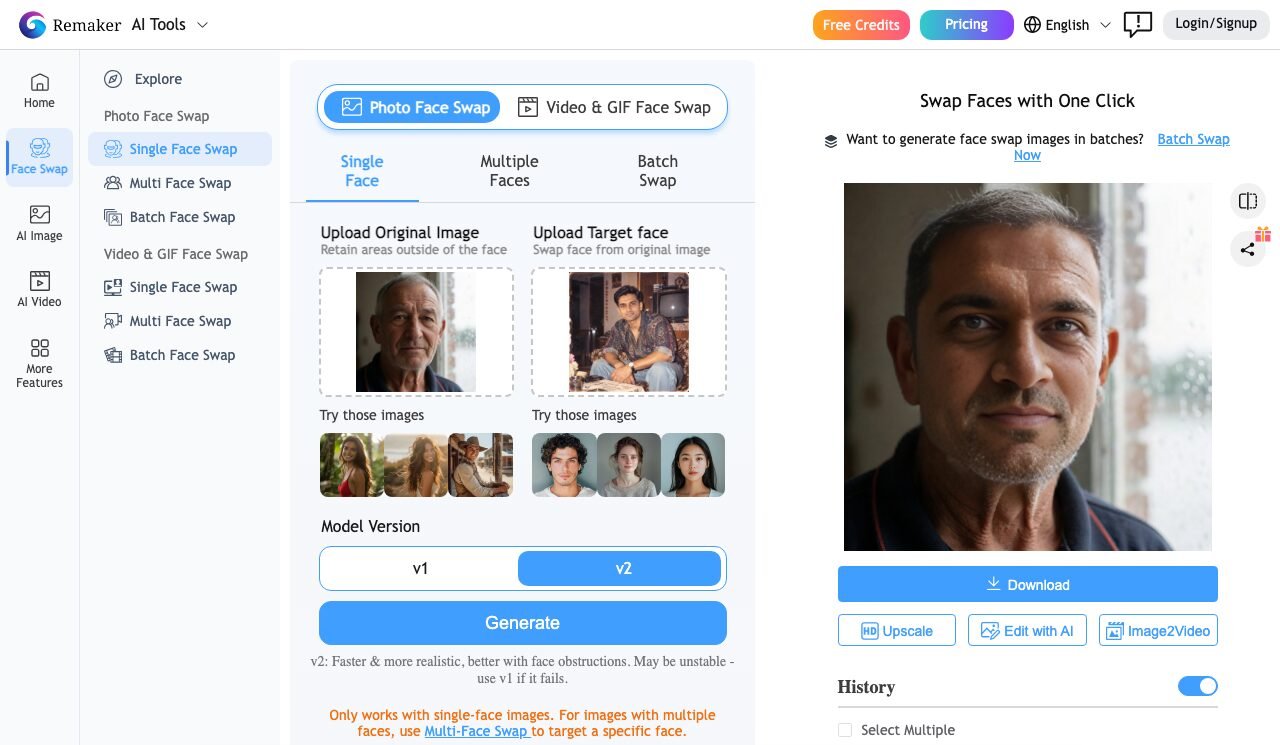 Remaker AI's face swap page on September 27, 2026 with our two uploads on the left, the generated result on the right above a Download button, and Login/Signup still showing in the top corner because no account was used