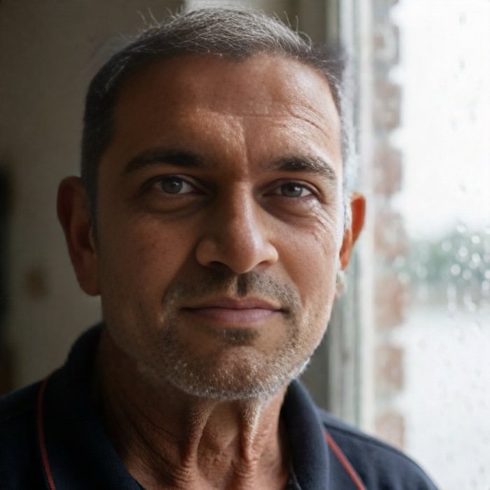 Remaker AI face swap result on September 27, 2026: the fisherman scene with the author's nose, brows, eyes and skin tone, but the older man's grey hair, stubble and lined forehead kept