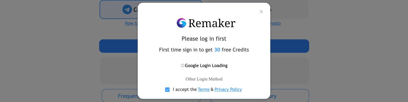 Remaker AI's login box on September 27, 2026 reading Please log in first and First time sign in to get 30 free Credits, with a Google sign-in and an Other Login Method link