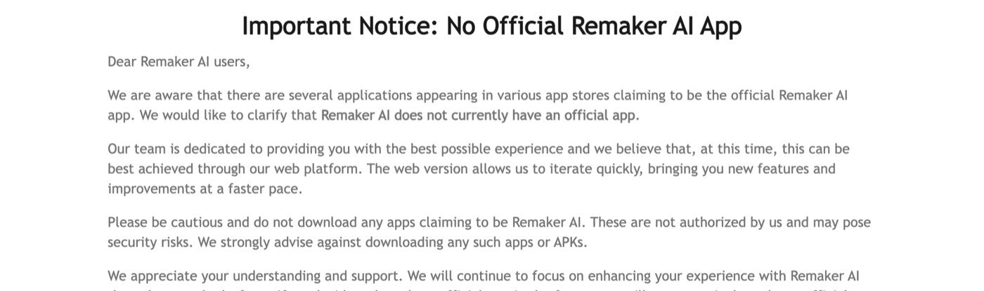 Remaker AI's notice page on September 27, 2026 titled Important Notice: No Official Remaker AI App, stating that Remaker AI does not currently have an official app and advising against downloading any such apps or APKs