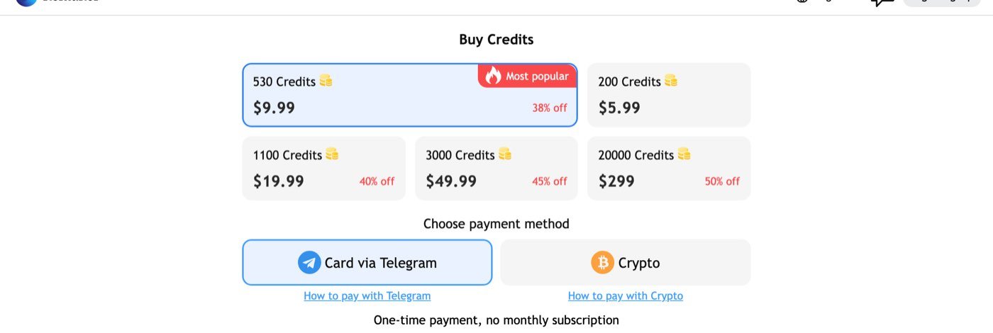 Remaker AI's pricing page on September 27, 2026 showing five credit packs from 200 credits for $5.99 to 20,000 credits for $299, a Choose payment method row with Card via Telegram and Crypto, and the line One-time payment, no monthly subscription