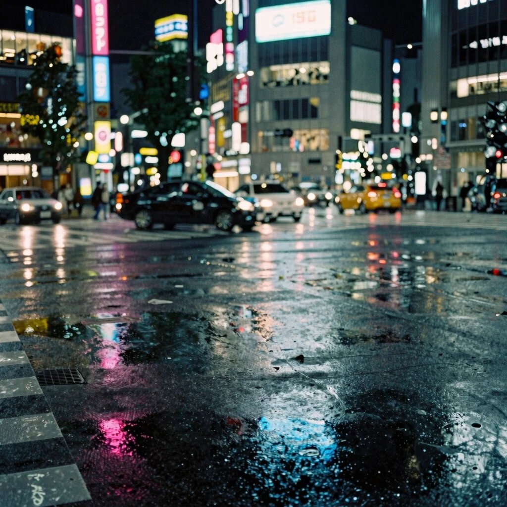 SeaArt output: a rainy Tokyo crossing at night with neon reflections