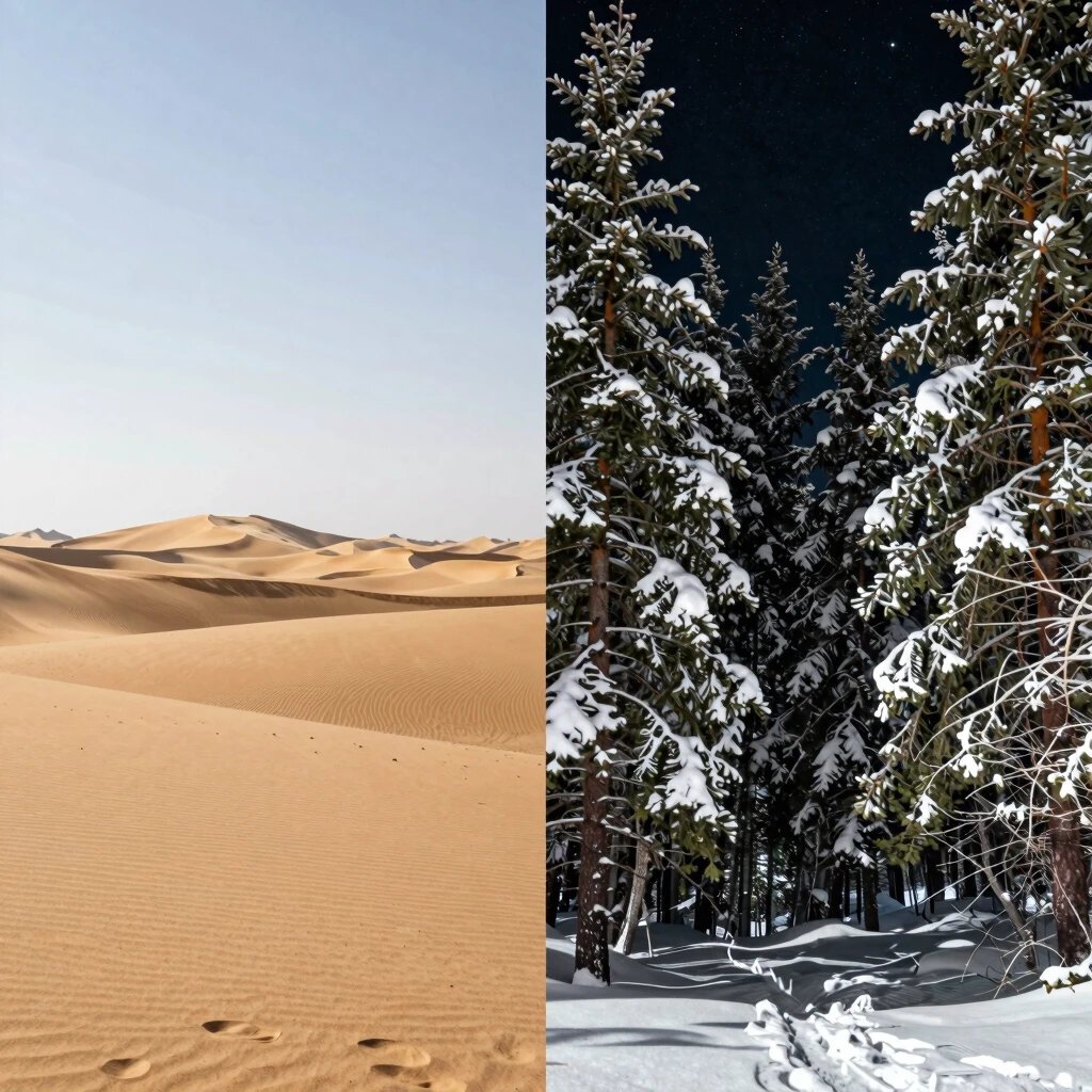 SeaArt output: a split scene of desert at noon and snowy forest at night