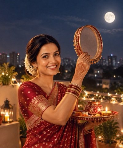 ChatGPT result: a woman in a red saree holding a sieve and a puja thali under a full moon on a rooftop