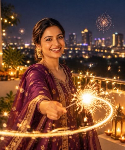 ChatGPT result: a woman in a purple kurta drawing a golden light trail with a sparkler on a balcony at night