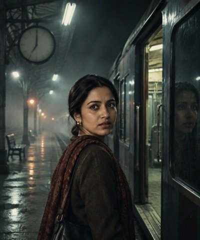 ChatGPT result: a frightened woman on a foggy, empty railway platform at night beside an open train