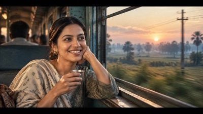 ChatGPT result: a smiling woman with a steel tumbler of tea at an open train window at sunrise, fields blurring past
