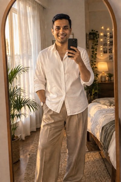 ChatGPT result: a man taking a mirror selfie in a white shirt and beige trousers in a softly lit bedroom