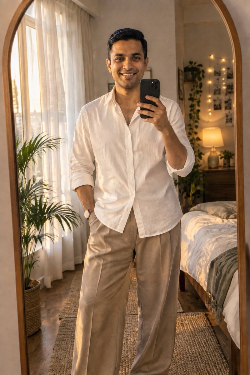 ChatGPT result for the Aesthetic mirror selfie prompt: a man taking a mirror selfie in a white shirt and beige trousers in a softly lit bedroom