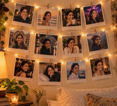 ChatGPT result: a bedroom wall of instant photos of a woman pinned to strings of fairy lights