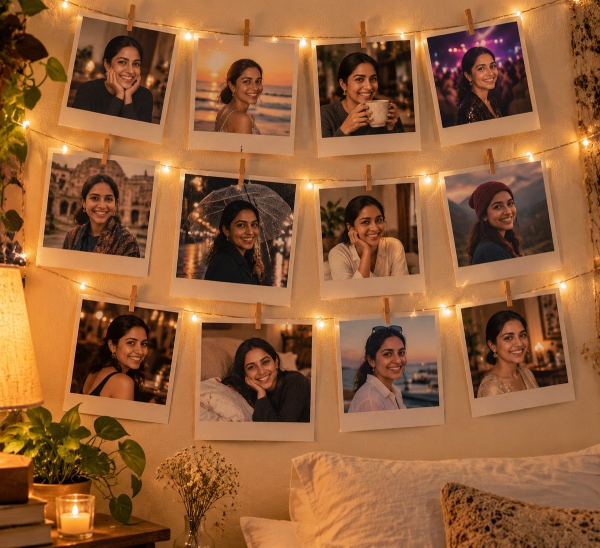 ChatGPT result for the Instant-photo memory wall prompt: a bedroom wall of instant photos of a woman pinned to strings of fairy lights