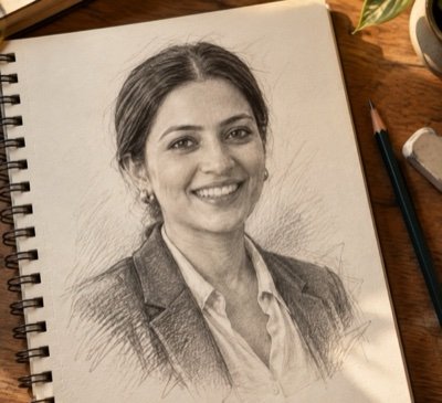 ChatGPT result: a graphite pencil sketch of a woman in a spiral sketchbook on a wooden desk