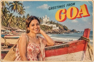 ChatGPT result: a vintage Goa postcard of a woman beside a red fishing boat, reading GREETINGS FROM GOA