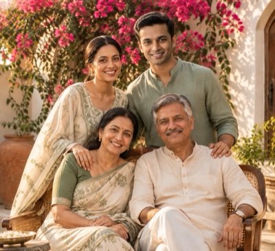 ChatGPT result: a family portrait of four in cream and sage green in front of pink bougainvillea