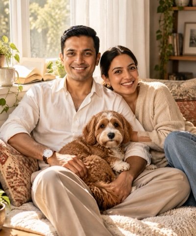 ChatGPT result: a couple on a sunlit window seat with a curly-haired dog on his lap