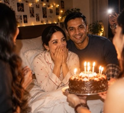 ChatGPT result: a woman in pyjamas surprised by a birthday cake with candles at midnight