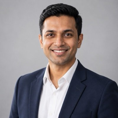 ChatGPT result: a man in a navy blazer and white shirt in a professional headshot on a light-grey background