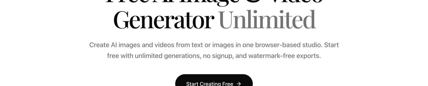 Vheer's homepage on September 28, 2026: the headline Free AI Image and Video Generator Unlimited, and the line Start free with unlimited generations, no signup, and watermark-free exports