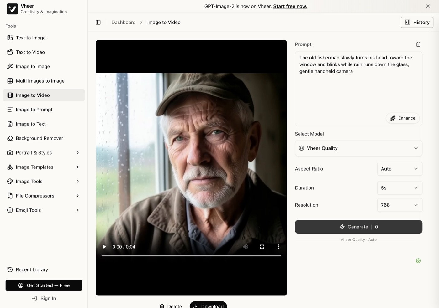Vheer's image-to-video tool on September 28, 2026 after a free run with no account: a video player showing the fisherman clip at 0:00 of 0:04, Delete and Download buttons below it, the model set to Vheer Quality, 5s and 768, and the Generate button reading Generate 0