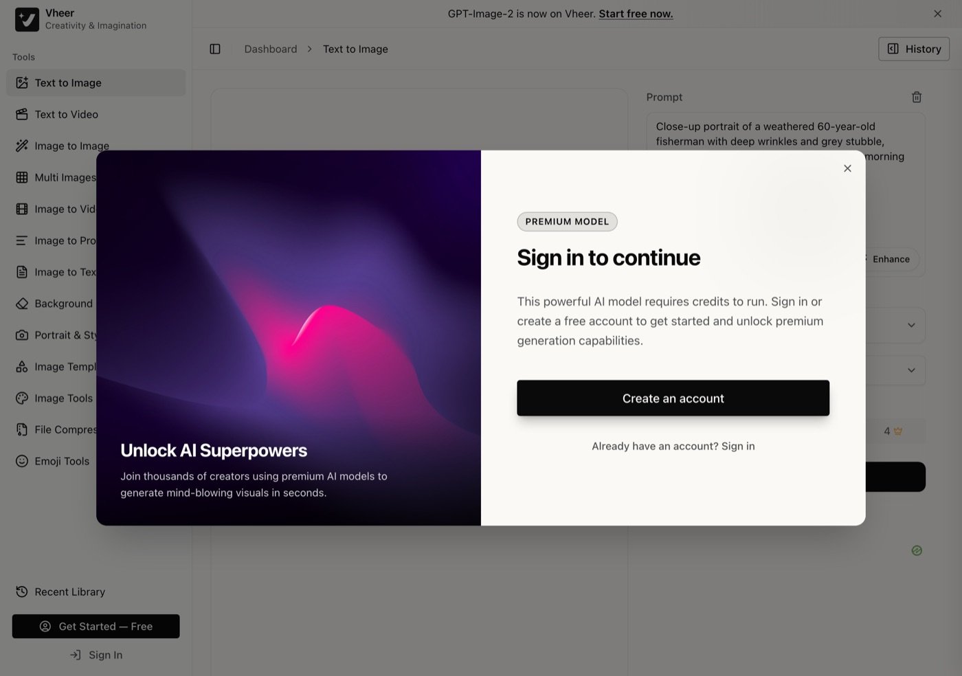 Vheer's sign-in box on September 28, 2026 after pressing Generate on the Flux Klein model without an account: Premium model, Sign in to continue, This powerful AI model requires credits to run, with a Create an account button