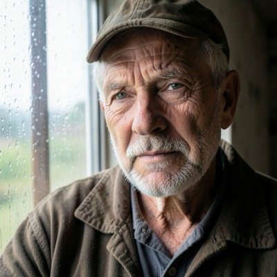 Vheer Quality output on September 28, 2026 with no account: a weathered older fisherman in a cap by a rain-streaked window, photoreal