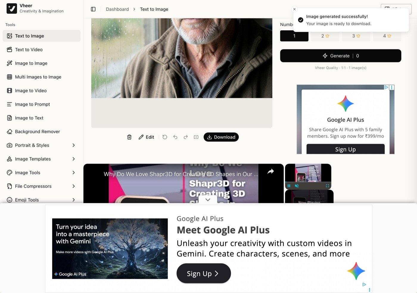 Vheer's text-to-image tool on September 28, 2026 after a free generation with no account: the result with a Download button, the Generate button reading Generate 0, the toast Image generated successfully, and Google AI Plus and video advertisements around the tool